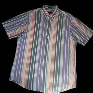 Club Room Mens Large Striped Multi Color Short Sleeve Button Down Dress Shirt
